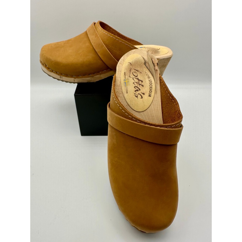 Lotta from Stockholm Classic Clogs Women 37 / 7 Tan Leather Wooden Mules Swedish